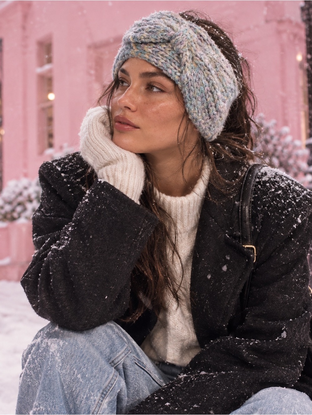 Chunky Knit Bow Ear Warmer Headband – Pastel Cloud Mix